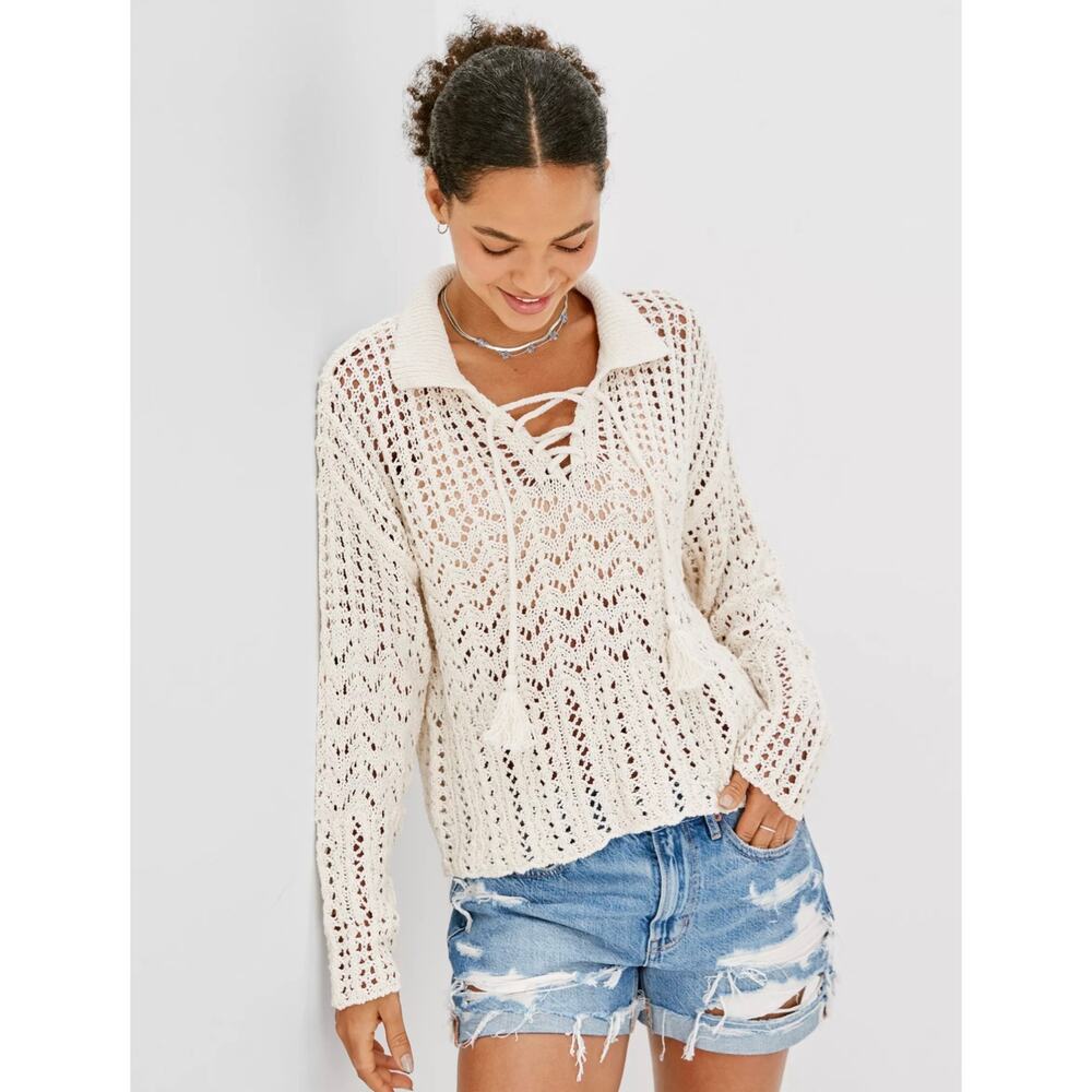 American Eagle Women's Cozy Breezy Crochet Polo Sweater Boho Cream Size Small